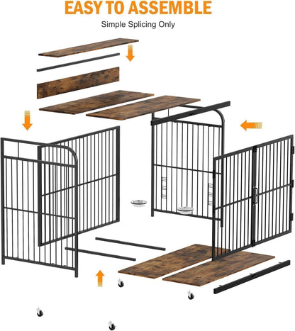 Dog Crate Furniture with Adjustable Height Feeder, Heavy Duty Dog House for Large Dogs with 360°Wheels for Easy Mobility, Decorative End Table Design(48''L x 29.92''W x 44.29''H)