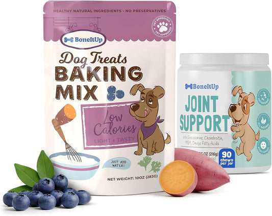 BoneItUp Dog Treat Baking Mix + Hip & Joint Support Chews – Low Calorie Nutrient-Rich Treat Mix and Glucosamine, Chondroitin, MSM & Omega Mobility Supplement for Puppies, Adults & Senior Dogs
