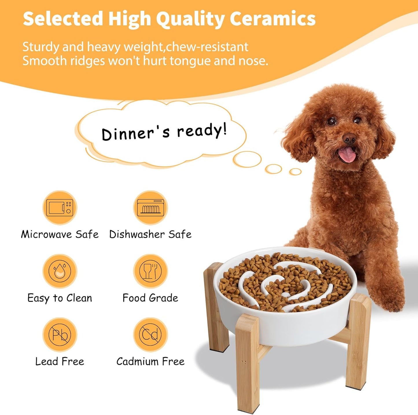 Elevated Slow Feeder Dog Bowl - Ceramic Maze Food Dish with Bamboo Stand - Raised Feeding Bowl for Fast Eaters - Ideal for Small and Medium Dogs - White - 6.7 inch