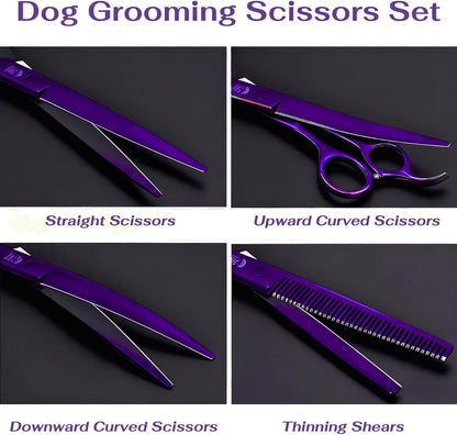7.0 inch Dog Grooming Scissors, Professional 4-Piece Pet Shears Set with Thinning Shears, Straight & Curved Scissors, Storage Bag for Pet Dogs Cats Hair Cutting, Quiet Design (Purple)