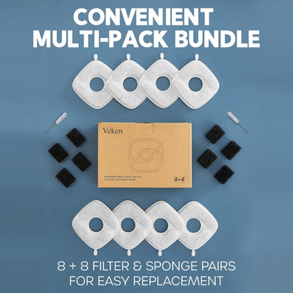 Veken Cat Water Fountain Filters, 8 Pack Replacement Filters & 8 Pack Replacement Pre-Filter Sponges Set for 50oz, 84oz, 95oz or 108oz Automatic Pet Fountain Dog Water Dispenser