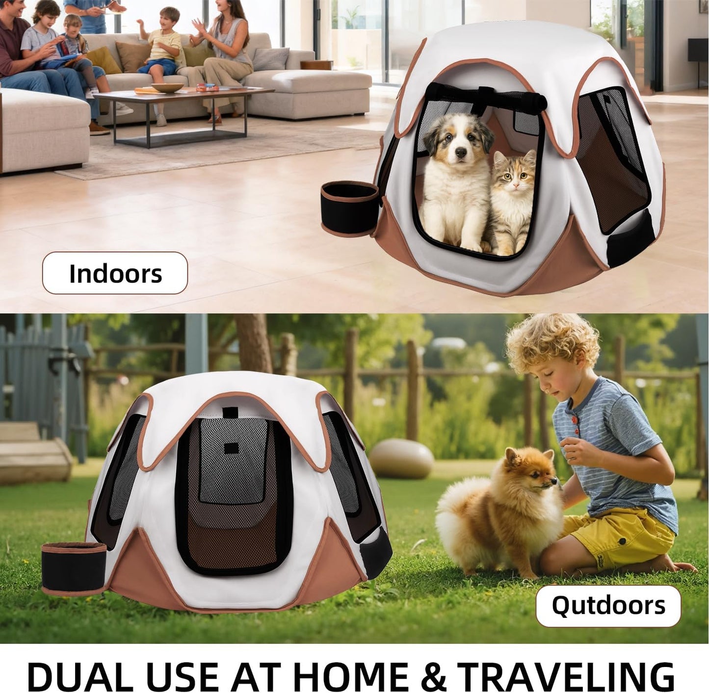 Foldable Portable Pet Playpen with Feeding Bowls, Indoor Outdoor Pet Tent for Dogs Cats Rabbits Chickens, Travel Camping Pet Enclosure(Brown)