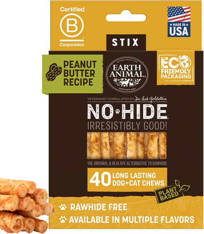 Earth Animal No Hide Stix - Long Lasting Rawhide Free Small Dog Chews Sticks, Peanut Butter - 40 Count Extra Value Pack