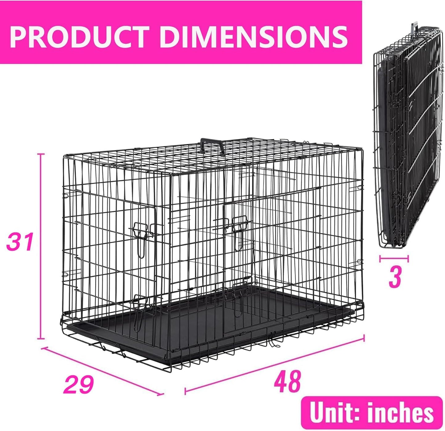 FDW Dog Crate for Large Dogs 48 Inch Folding Metal WirePet Cage Double Door W/Divider Panel Indoor Outdoor Kennel Leak-Proof Plastic Tray,Black