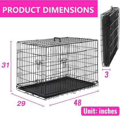 FDW Dog Crate for Large Dogs 48 Inch Folding Metal WirePet Cage Double Door W/Divider Panel Indoor Outdoor Kennel Leak-Proof Plastic Tray,Black