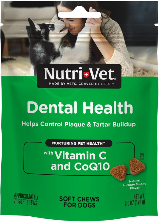 Nutri-Vet Dental Health Soft Chews for Dogs, Puppy Essentials, Plaque Remover, Pet Supplies, Dog Breath Freshener, Promotes Healthy Teeth and Gums, Dental Chews, Natural Hickory Smoke Flavor, 70 Count