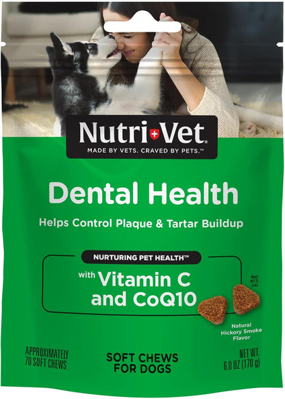 Nutri-Vet Dental Health Soft Chews for Dogs, Puppy Essentials, Plaque Remover, Pet Supplies, Dog Breath Freshener, Promotes Healthy Teeth and Gums, Dental Chews, Natural Hickory Smoke Flavor, 70 Count