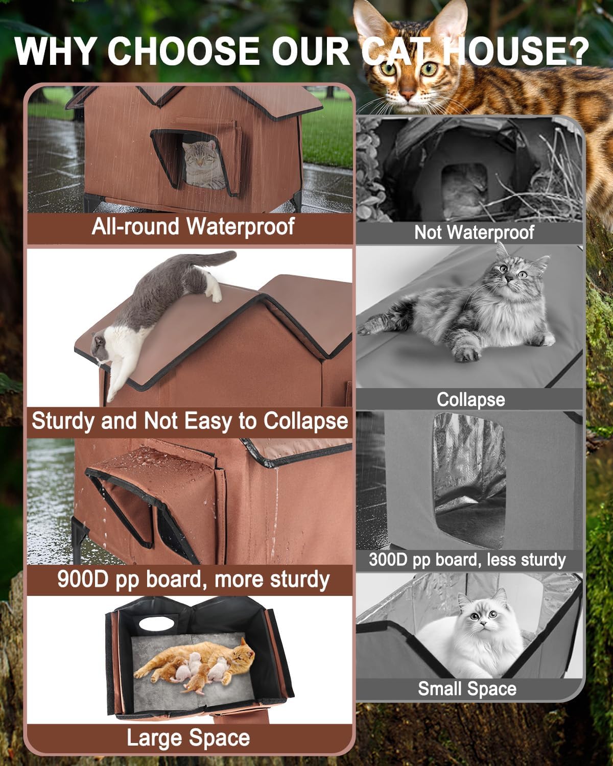 Outdoor Cat House Weatherproof, Large Waterproof Insulated Elevated Outdoor Cat Shelter with Escape Doors, Outside Cat House for Multiple Cats and Small Dogs, Available in All Seasons, Brown