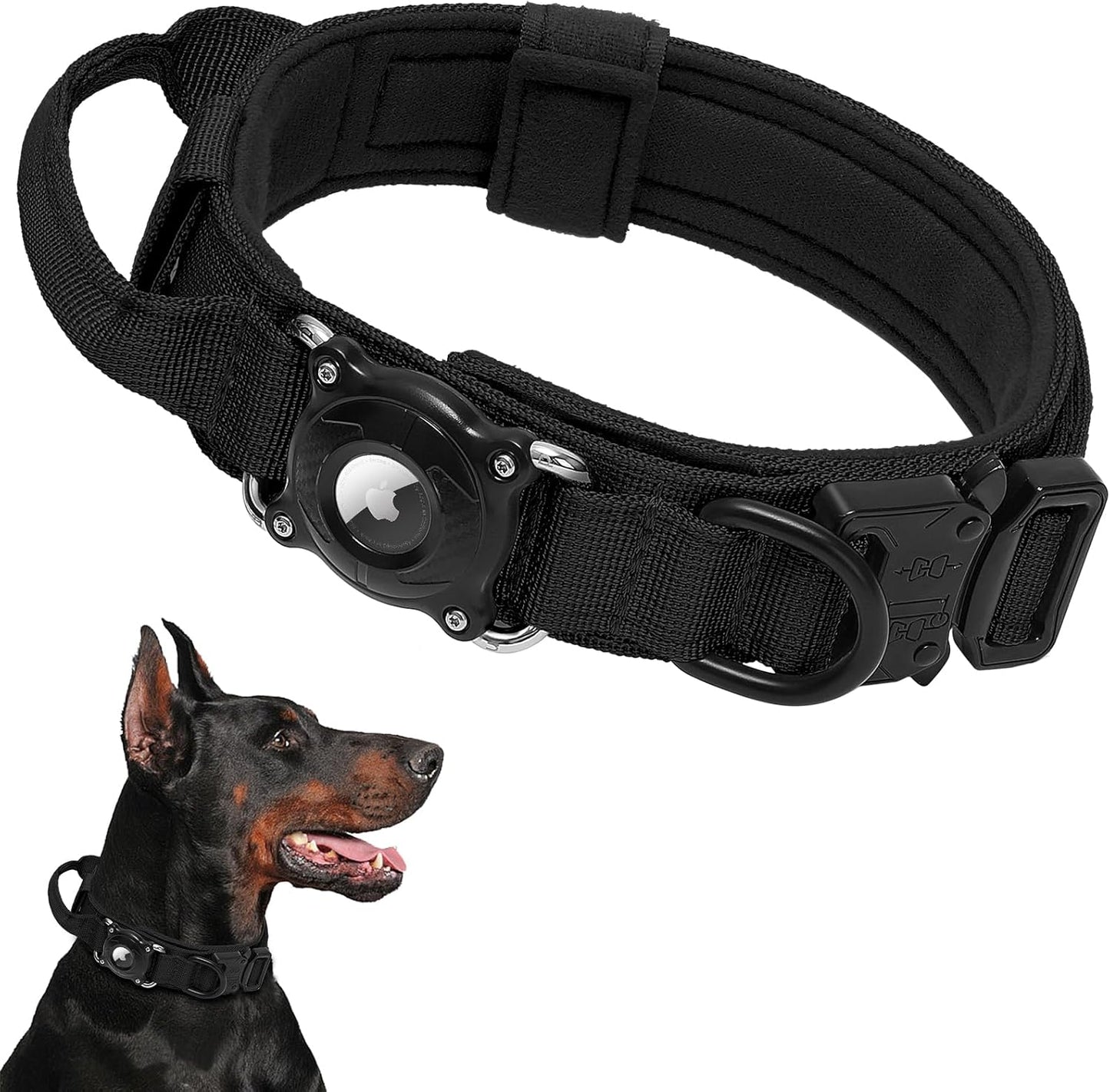 2026 New and Improved AirTag Dog Collar, Military Tactical Dog Collar with Integrated AirTag Holder - Adjustable Control Handle, Durable Metal Buckle, Comfortable GPS Dog Collars (Black,L)