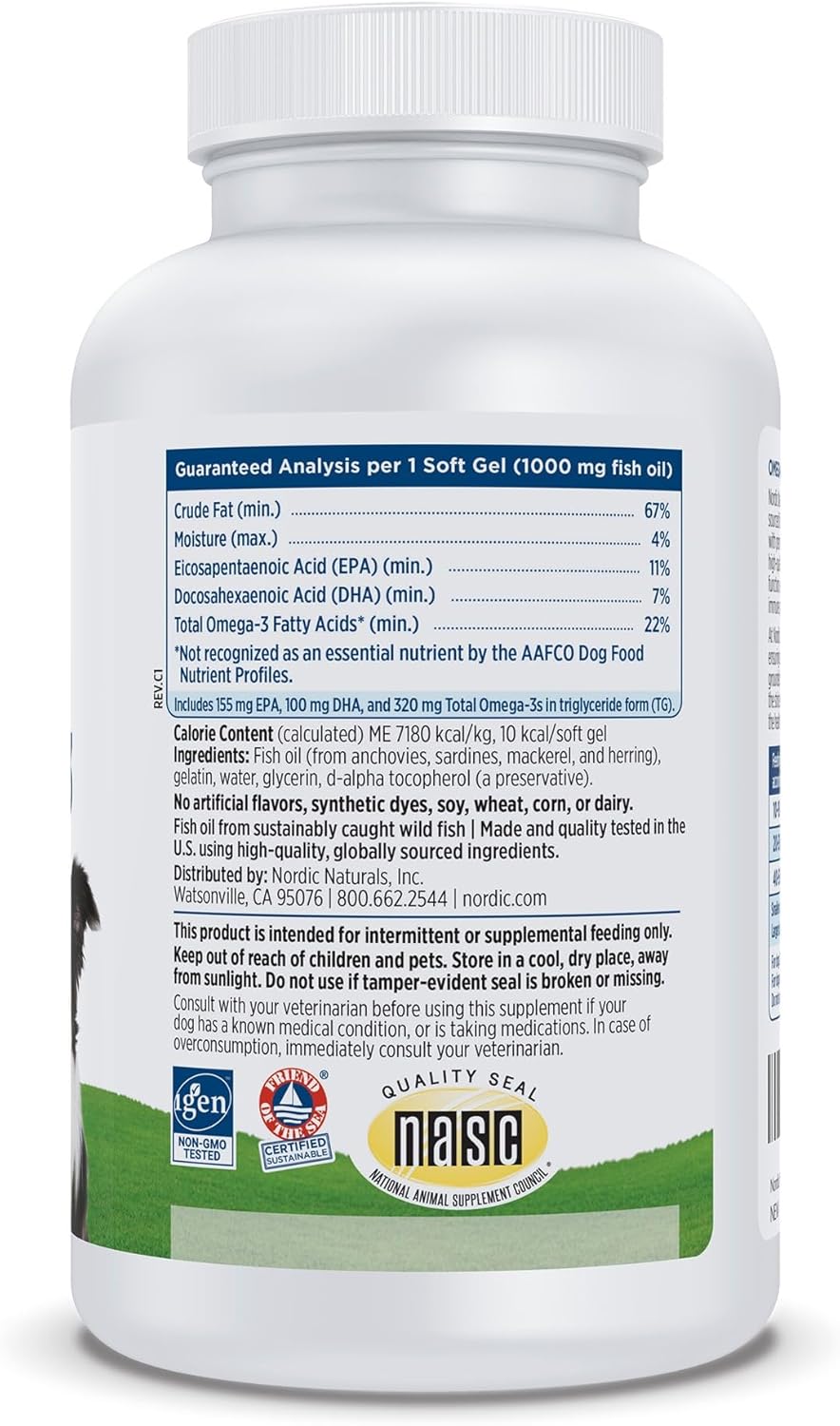 Nordic Naturals Omega-3 Pet, Unflavored - 180 Soft Gels - 320 mg Omega-3 Per Soft Gel - Fish Oil for Dogs with EPA & DHA - Promotes Heart, Skin, Coat, & Immune Health