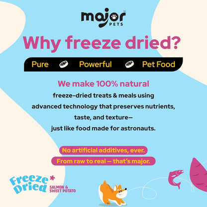 MAJOR PETS Freeze Dried Dog Treats, Wild-Caught Salmon & Sweet Potato, 100% Natural, Single High Protein, Rich in Omega-3, Grain Free, Healthy Training Bites & Meal Topper, Made in The USA, 2.5oz