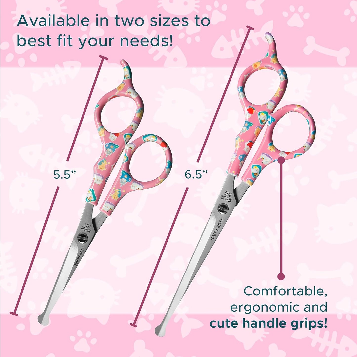 Kenchii Happy Kitty Ball Tip Shears Trimming Scissors for Cats | Pet Grooming Kitten Essentials | Stainless Steel Safety Blunt Tip Scissors | 6.5 In