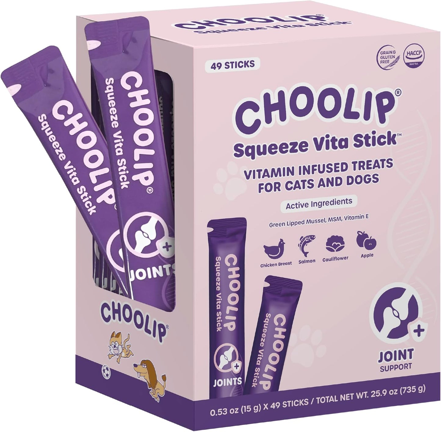 Choolip Squeeze Vita Stick Lickable Cat and Dog Treats, 49-Count Joint Support Variety Pack, Chicken and Salmon with MSM, Green-Lipped Mussel and Vitamin E