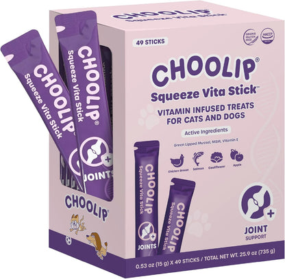 Choolip Squeeze Vita Stick Lickable Cat and Dog Treats, 49-Count Joint Support Variety Pack, Chicken and Salmon with MSM, Green-Lipped Mussel and Vitamin E