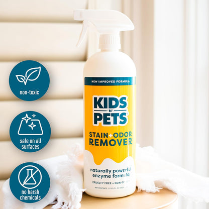 KIDS 'N' PETS Instant All-Purpose Stain & Odor Remover Permanently Eliminates Dog Pee, Cat Urine, Other Smells, Spots from Home Carpet, Couch, Furniture, Mattress, Fabric. Non-Toxic, Child Safe - 27oz