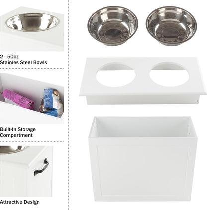Elevated Dog Bowls with Storage - 16-Inch-Tall Feeding Tray with Hidden Storage Space for Pet Supplies - 50oz Capacity Bowls by PETMAKER (White)