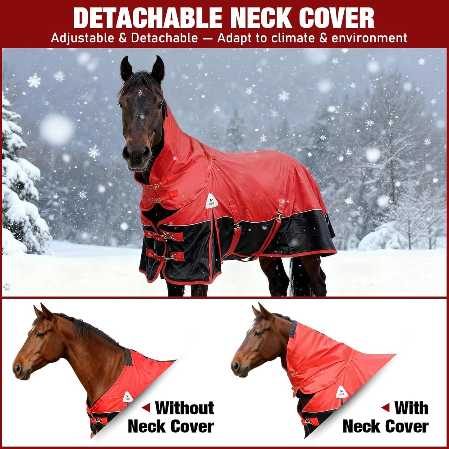 Horse Blankets Winter for Real Horses, 1600D Waterproof Poly Rain Sheets 72 in with Neck Cover Belly Wrap Tail Wrap Turnout Blanket, Stuff Care Medium Large Weight Heavy Outdoor Clothes Red Black
