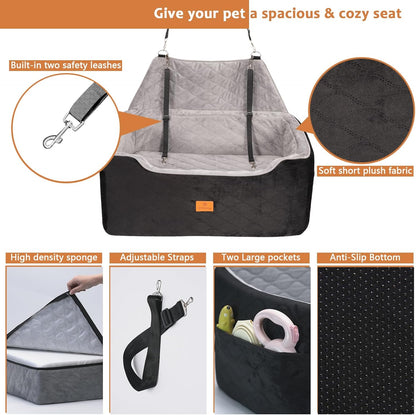 Elevated Dog Car Seat for Small/Medium Dog Booster Seat Up to 60Lbs or 2 Small Dogs Detachable & Washable with Safety Leashe Pet Sofa Bed with Thick Cushion for Travel with Storage Pocket