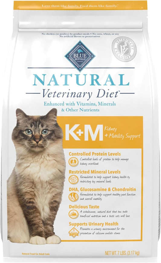 Blue Buffalo Natural Veterinary Diet K+M Kidney + Mobility Support Dry Cat Food, Chicken 7-Lb Bag