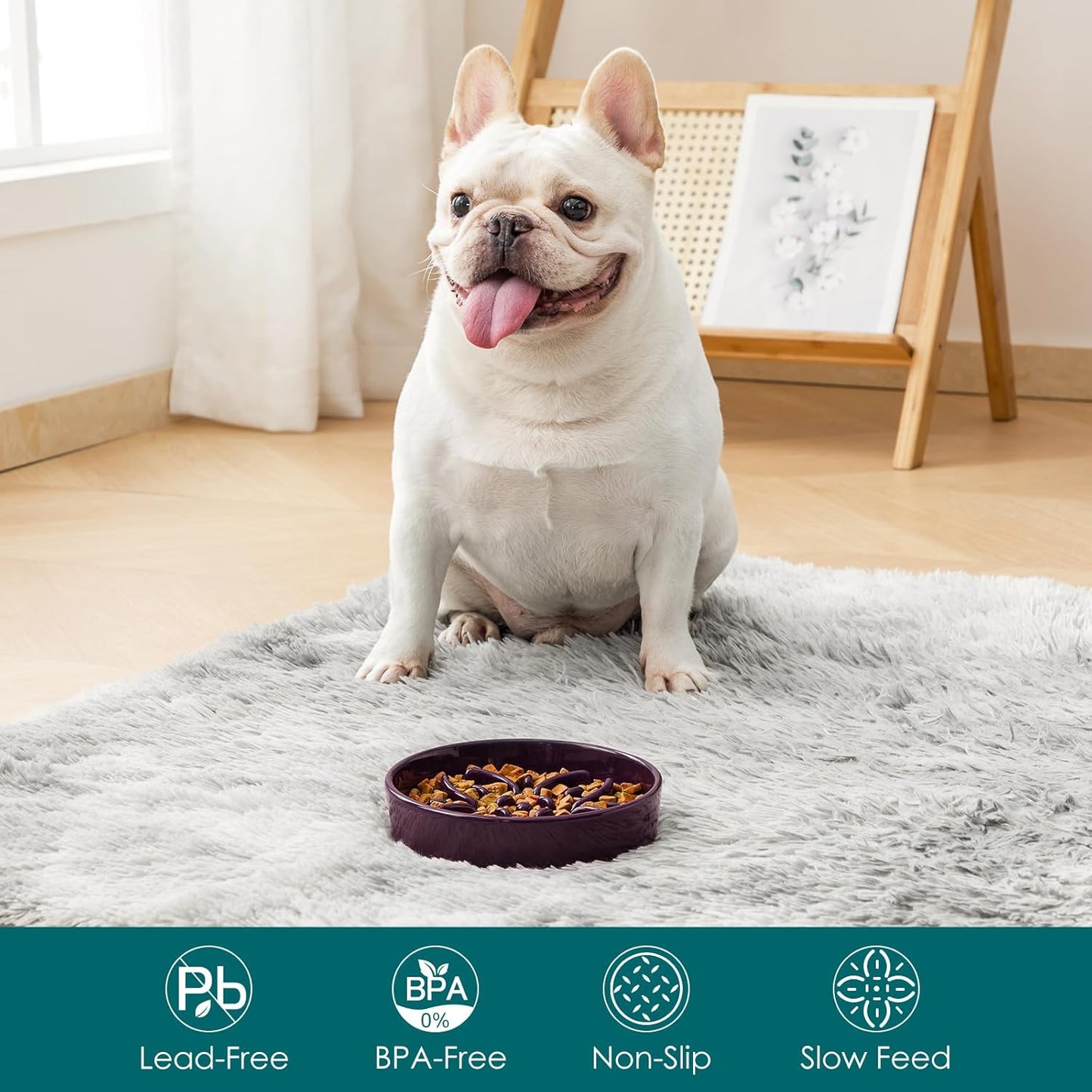 vancasso Ceramic Slow Feeder Dog Bowls, Puzzle Dog Food Bowls with Floral Maze, Anti -Slip Pet Food Dish for Small Breed, 0.6 Cups, Purple