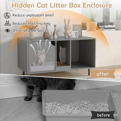 HOMGX Cat Litter Box Enclosure, 40” Hidden Cat Washroom Furniture w/Storage, Removable Scratching Board, Metal Legs, Double-Room Indoor Wooden Kitten House End Side Table, Modern Pet Cabinet (Grey)