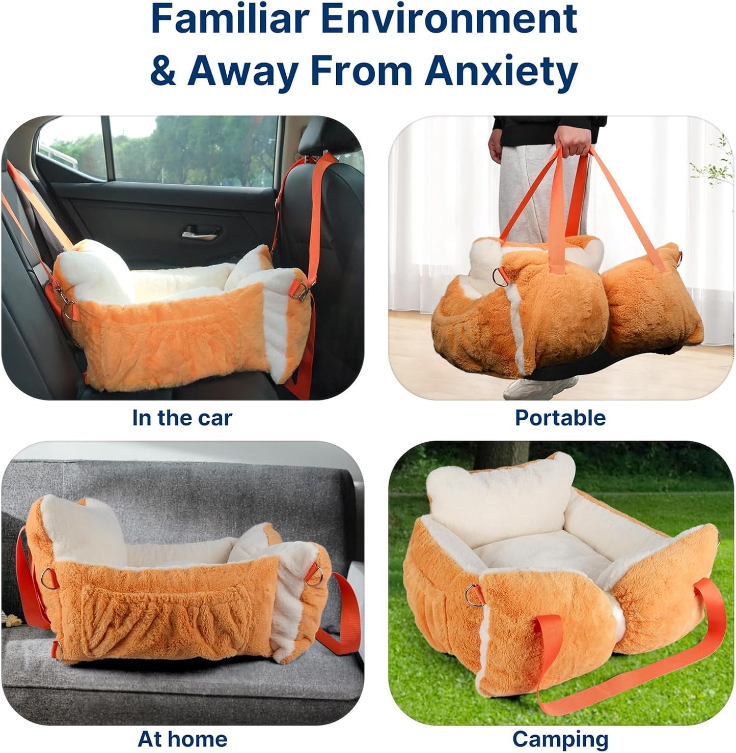 Fuzzy Dog Bed Car Seat, Easy to Carry Small Dog Car Seat with Handles for Small Pets up to 25lbs, Cute Cat Beds for Indoor Cats, Washable Pet Bed with Removable Water Resistant Lining Cover