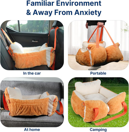 Fuzzy Dog Bed Car Seat, Easy to Carry Small Dog Car Seat with Handles for Small Pets up to 25lbs, Cute Cat Beds for Indoor Cats, Washable Pet Bed with Removable Water Resistant Lining Cover