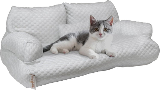Paws & Purrs Cooling Pet Sofa Bed for Small Dogs or Cats, Breathable Fabric, Supportive Bolsters, Removable Washable Cover, Non-Slip Base, Sofa Pet Lounger Includes Mini Play Cushion, Light Gray