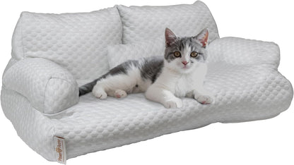 Paws & Purrs Cooling Pet Sofa Bed for Small Dogs or Cats, Breathable Fabric, Supportive Bolsters, Removable Washable Cover, Non-Slip Base, Sofa Pet Lounger Includes Mini Play Cushion, Light Gray