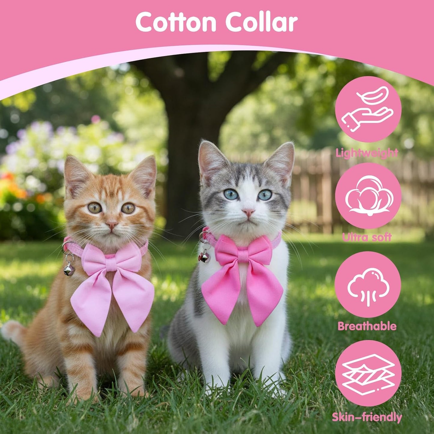 2 Pack Pink Cat Collar with Bow, Cute Cat Collar Breakaway with Bells, Pink Bowtie for Girl Cats, Cute Small Kitten Collars with Removable Safety Bowtie
