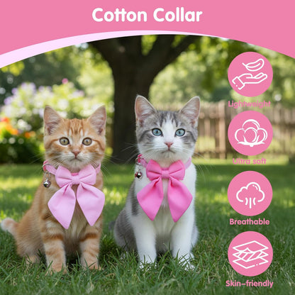 2 Pack Pink Cat Collar with Bow, Cute Cat Collar Breakaway with Bells, Pink Bowtie for Girl Cats, Cute Small Kitten Collars with Removable Safety Bowtie