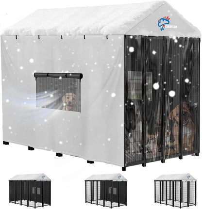 SIRUITON Outdoor Dog Kennel Cover,600D Full Coverage Waterproof Kennel Covers,With Transparent Film,Breathable Mesh Curtain & 4 Waterproof Zippers,Rain,Snowproof,Wind & Sun,8'Dx4.1'Wx6'H(Only Cover)