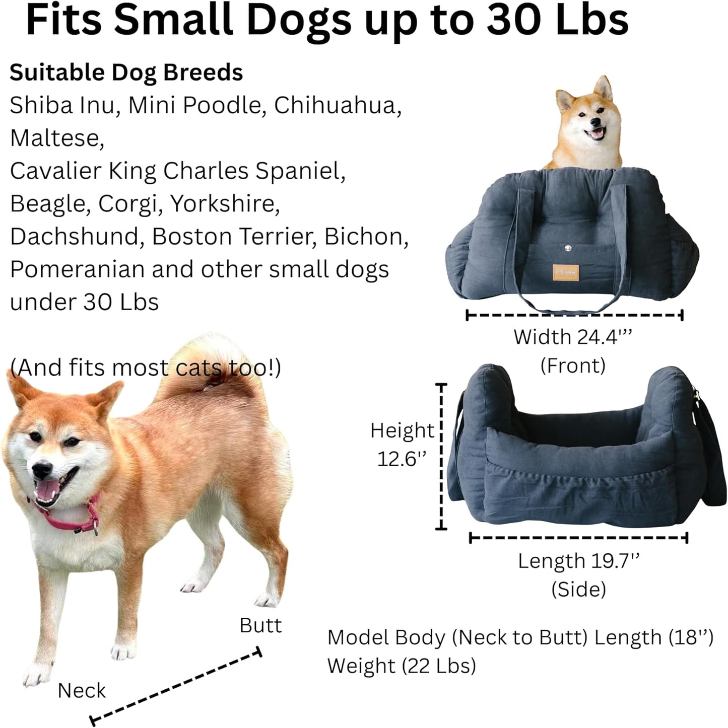 Dog Car Booster Seat for Small Dogs, Handmade Comfortable and Robust Design, Small Dog Owner Gift, Travel Bed with Safety Seatbelt, Secure Straps, Perfect for Dogs Under 30 Lbs