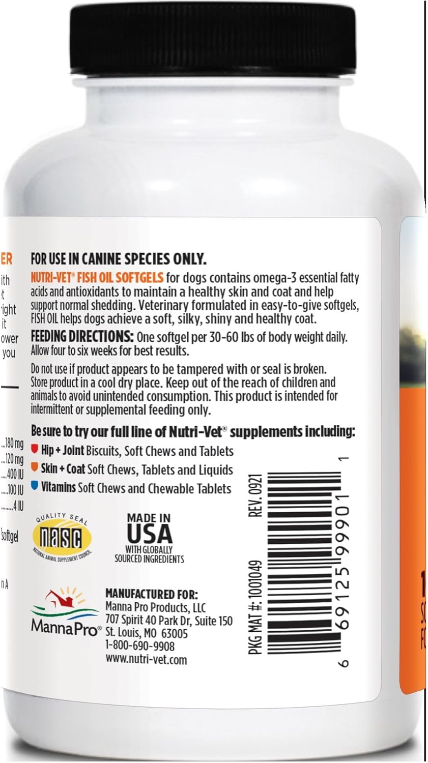 Nutri-Vet Fish Oil Supplement for Dogs, Omega 3, Fish Oil for Dogs, Pet Supplies, Pet Vitamins and Supplements, EPA DHA Formula, Puppy Vitamins, Shed Control, New Puppy Essentials, 100 Count
