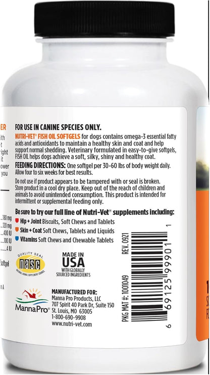 Nutri-Vet Fish Oil Supplement for Dogs, Omega 3, Fish Oil for Dogs, Pet Supplies, Pet Vitamins and Supplements, EPA DHA Formula, Puppy Vitamins, Shed Control, New Puppy Essentials, 100 Count