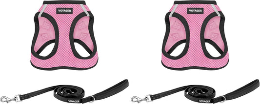 Voyager Step-in Air All Weather Mesh Harness and Reflective Dog 5 ft Leash Combo with Neoprene Handle, for Small, Medium and Large Breed Puppies by Best Pet Supplies - Pink Base, L (Pack of 2)