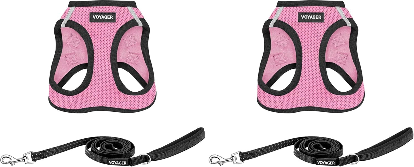 Voyager Step-in Air All Weather Mesh Harness and Reflective Dog 5 ft Leash Combo with Neoprene Handle, for Small, Medium and Large Breed Puppies by Best Pet Supplies - Pink Base, L (Pack of 2)