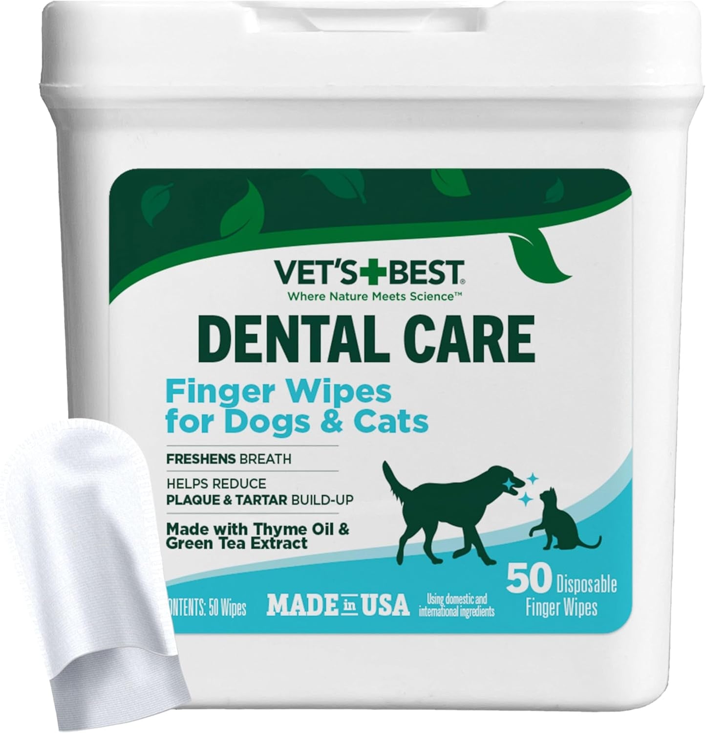 Vet's Best Finger Dental Wipes for Dogs and Cats – Oral Care Wipes for Teeth Cleaning, Fresh Breath, and Tartar Control – Gentle Finger Pads for Pet Dental Hygiene and Plaque Removal – 50 Count