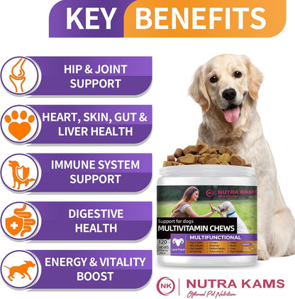 Multivitamin Chews for Dogs, Supports Growth, Hip & Joint, Skin and Gut Health, Immunity, Urinary and Kidney, antioxidants, Heart, Brain, Liver, Eyes, Natural Ingredients, 120 Chews