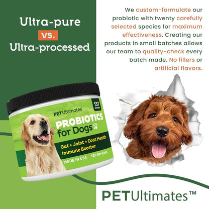 Pet Ultimates Probiotics for Dogs – 22-Species Dog Probiotics for Digestive Support & Antibiotics Recovery – Skin and Coat Supplement, Enhances Vitality – Dog Health Supplies (1 Pack)