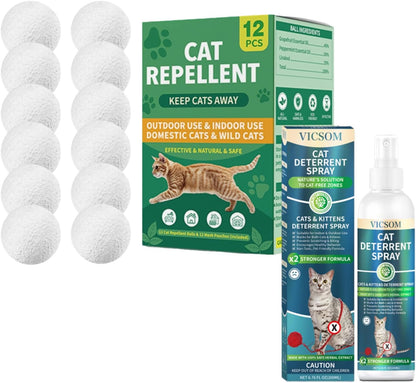 Cat Repellent Bundle, Cat Deterrent Spray + Natural Essential Oil Balls, Indoor & Outdoor Cat Scratch Prevention for Furniture, Garden, Plants, Keep Cats Out of Yard, Safe & Natural Double Protection