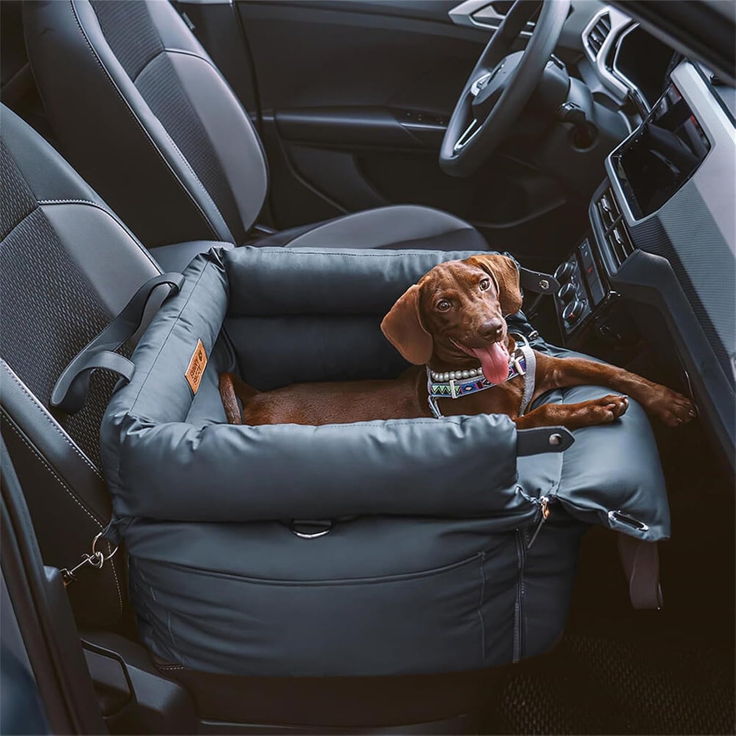 FUNNYFUZZY Leather Dog Car Seat for Small ＆ Medium Sized Dogs Up to 35lbs, Waterproof and Washable Dog Booster Seat Car Bed for Travel and Home,Portable and Safety(Blue)