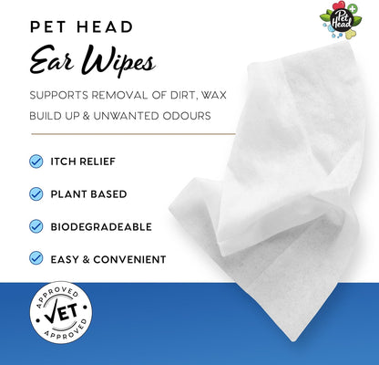Pet Head Health Ear Wipes for Cats and Dogs | Fragrance-Free | Cleans, Deodorizes and Moisturizes | Removes Dirt, Wax, Discharge, and Debris | Biodegradable and Plant-Based Dog Ear Cleaner | 30 Wipes