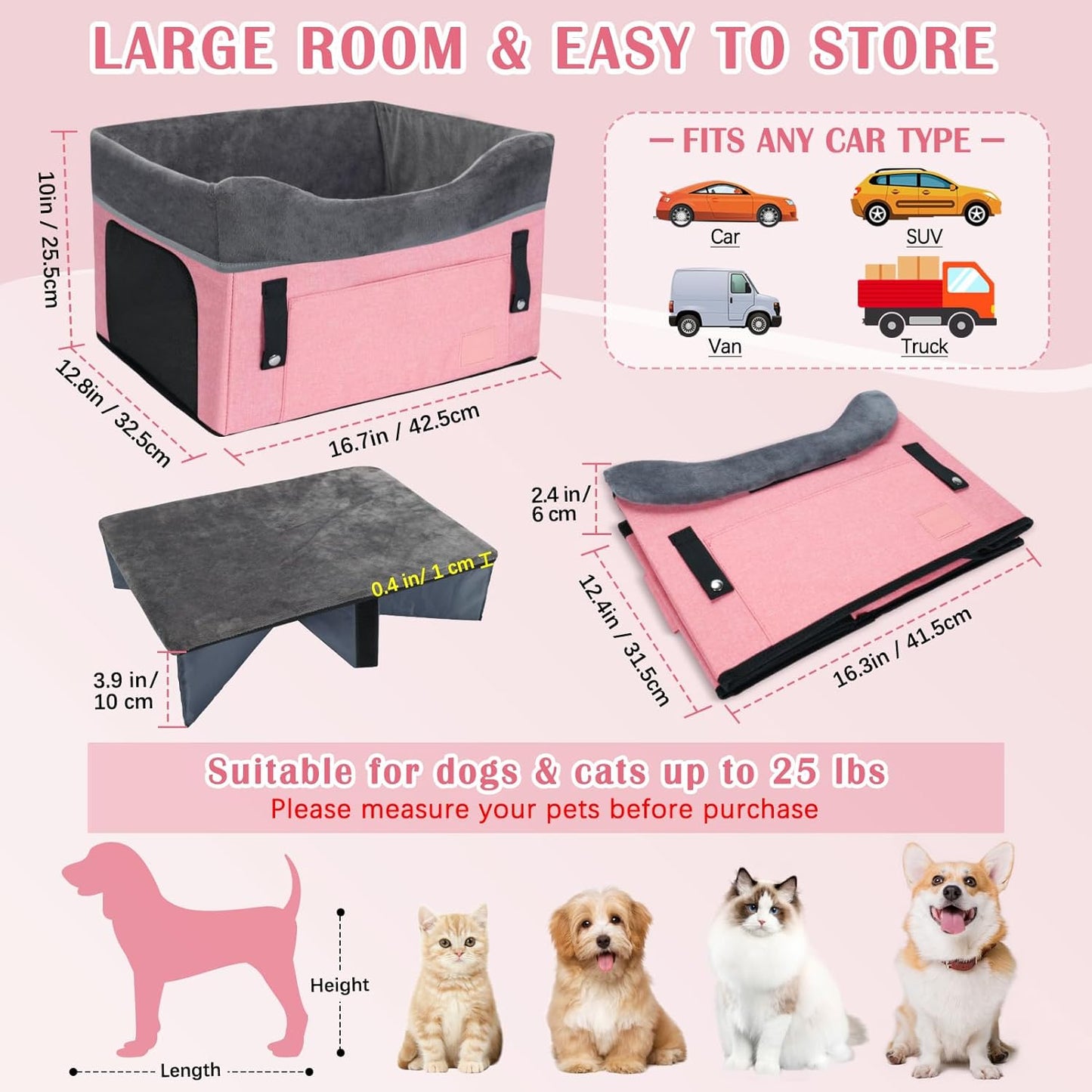 PetsHome Dog Car Seat for Small Dogs, Detachable Washable Dog Booster Car Seat with Storage Pocket, Breathable Mesh, Safety Leash, Adjustable Straps for Small Pets Up to 25lbs-Pink