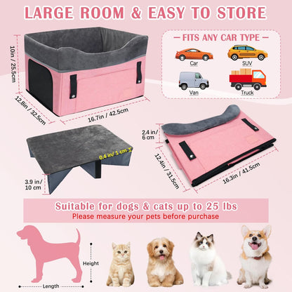 PetsHome Dog Car Seat for Small Dogs, Detachable Washable Dog Booster Car Seat with Storage Pocket, Breathable Mesh, Safety Leash, Adjustable Straps for Small Pets Up to 25lbs-Pink