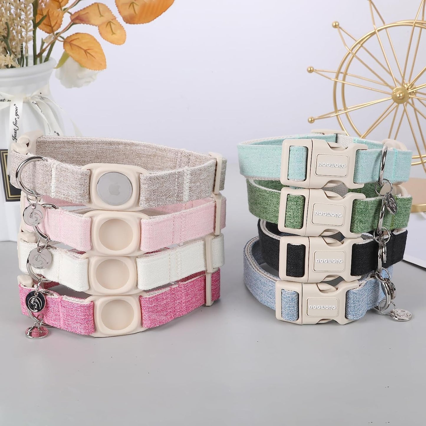 DOGWONG Airtag Cotton Hemp Dog Collar, Heavy-Duty Dog Collar with Airtag Holder White Natural Fabric Pet Cute Puppy Necklace for Small Medium Large Dogs