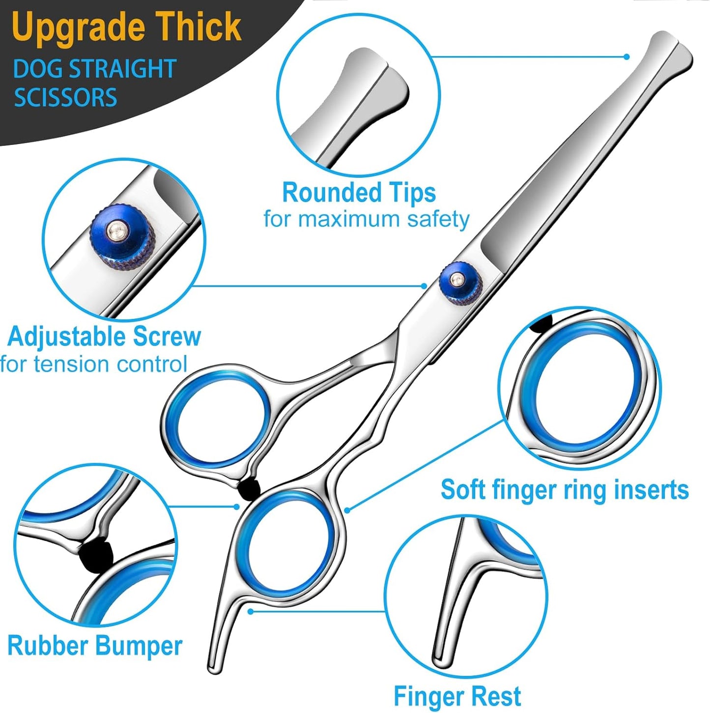 5 in 1 Upgraded Thicken Dog Grooming Scissors, Professional Dog Scissors for Grooming with Safety Round Tips, Lengnoyp Stainless Steel Thinning Shears, Pet Cat Shears for Grooming Kit