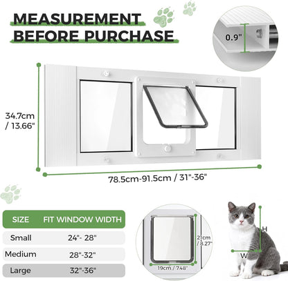 Slevoo Cat Door for Window Adjustable Fits 32"-36" Sliding Windows, Energy-Saving High-Seal Window Pet Door with 4 Lock Modes, Tool-Free Install, Heavy-Duty Aluminum Frame, Multi-Pet Compatible