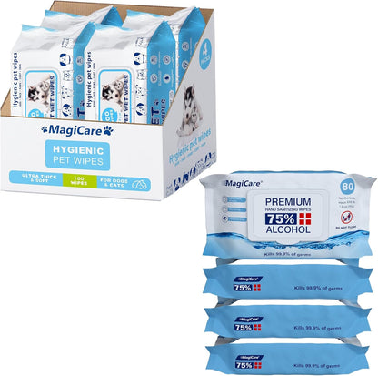 MAGICARE Pet Wipes (400 ct) + Alcohol Wipes (4×80 ct) Combo Pack