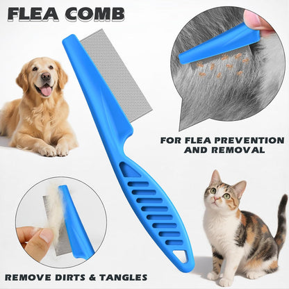 3PCS Pet Grooming Rake & Metal Comb & Flea Comb for Cats and Dogs, Double-Sided Dematting Tool, Extra-Wide Deshedding Dog Brush for Long Hair to Effectively Remove Tangles, Knots and Mats (Blue)